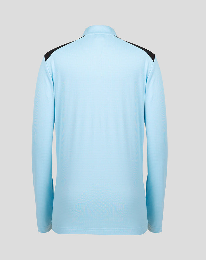Back view of light blue Feyenoord junior training midlayer with contrasting black shoulder panels