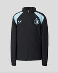 Front view of Feyenoord Training 2026-2027 Coaches Regenjas junior black jacket with light blue panels, hood and full zip.