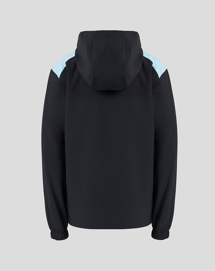 Back view of the Feyenoord Coaches Regenjas junior black jacket with hood and blue shoulder panels.