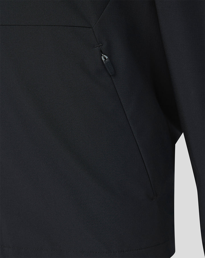 Close-up of a zipped side pocket on the black Feyenoord training jacket.