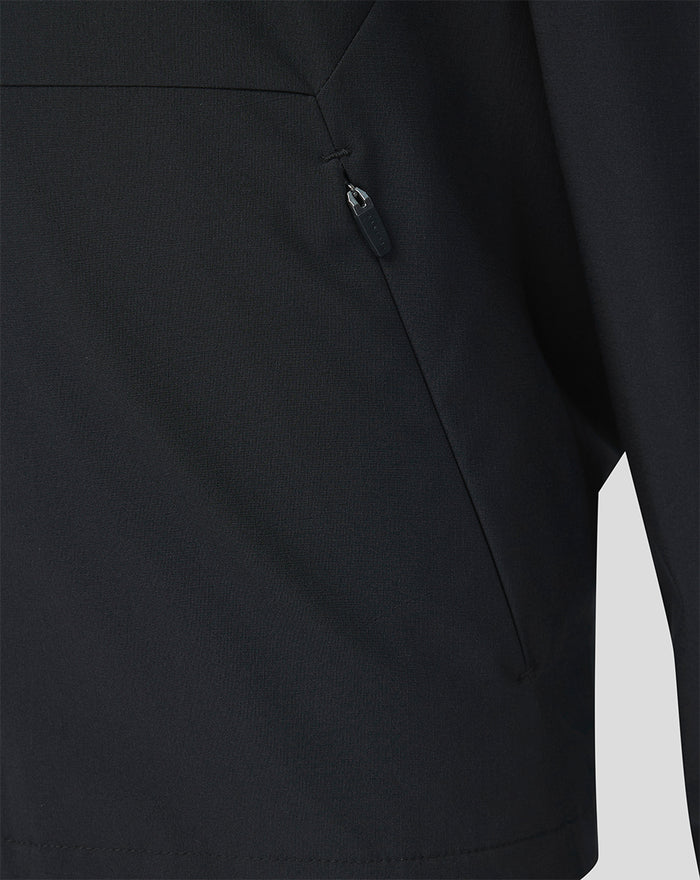 Close-up of a zipped side pocket on the black Feyenoord training jacket.