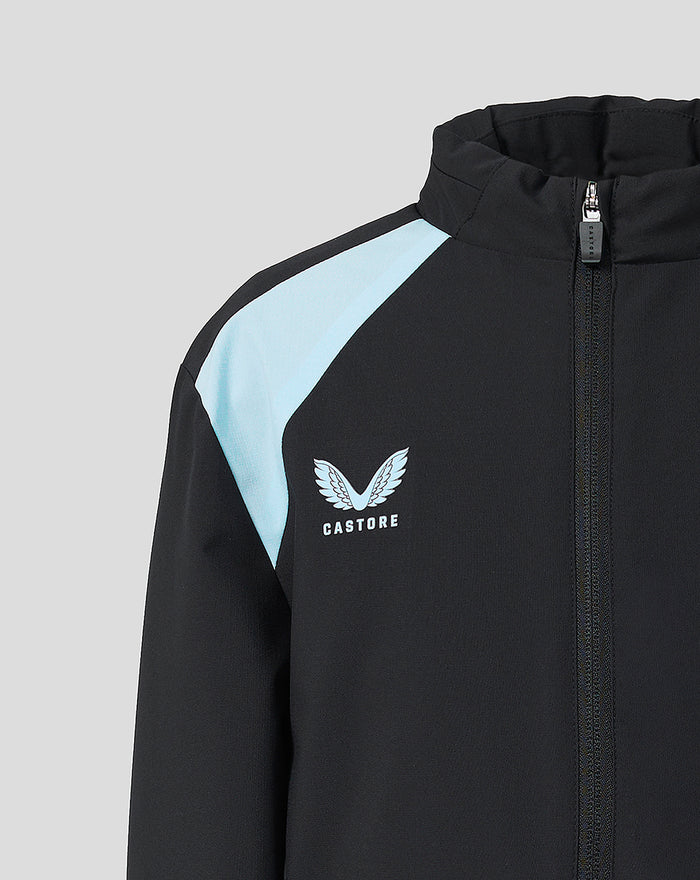 Detail of jacket highlighting Castore logo on the chest and a light blue shoulder panel.
