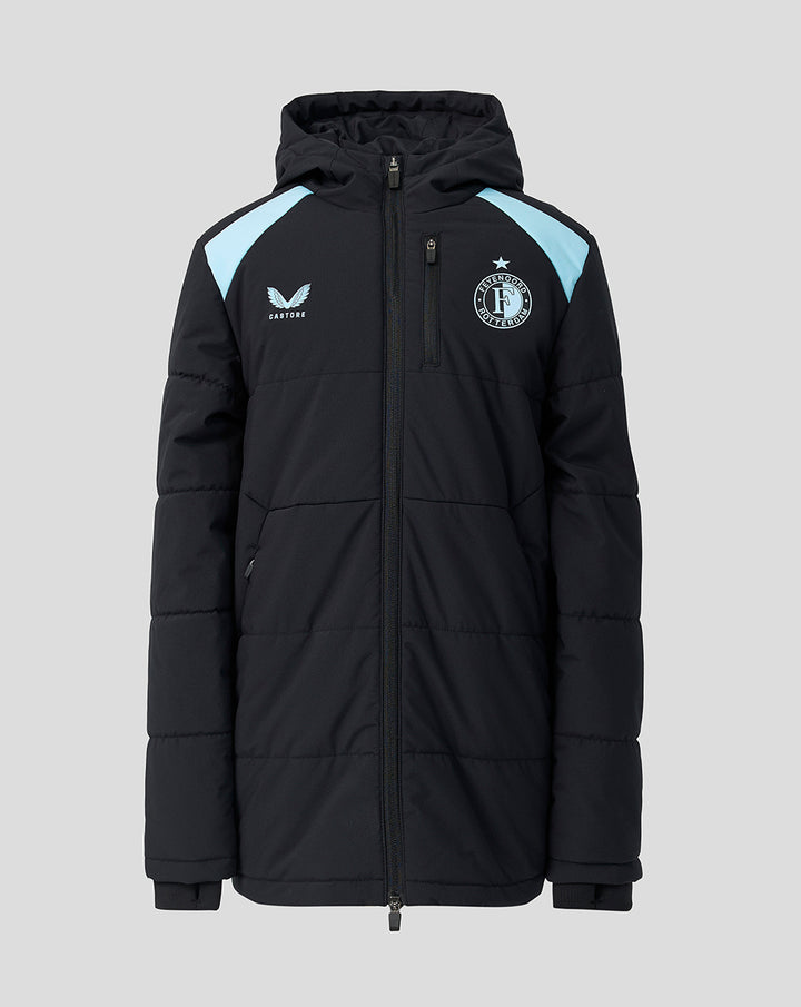 Junior Feyenoord Training padded jacket with hood in dark navy and light blue shoulder panels.