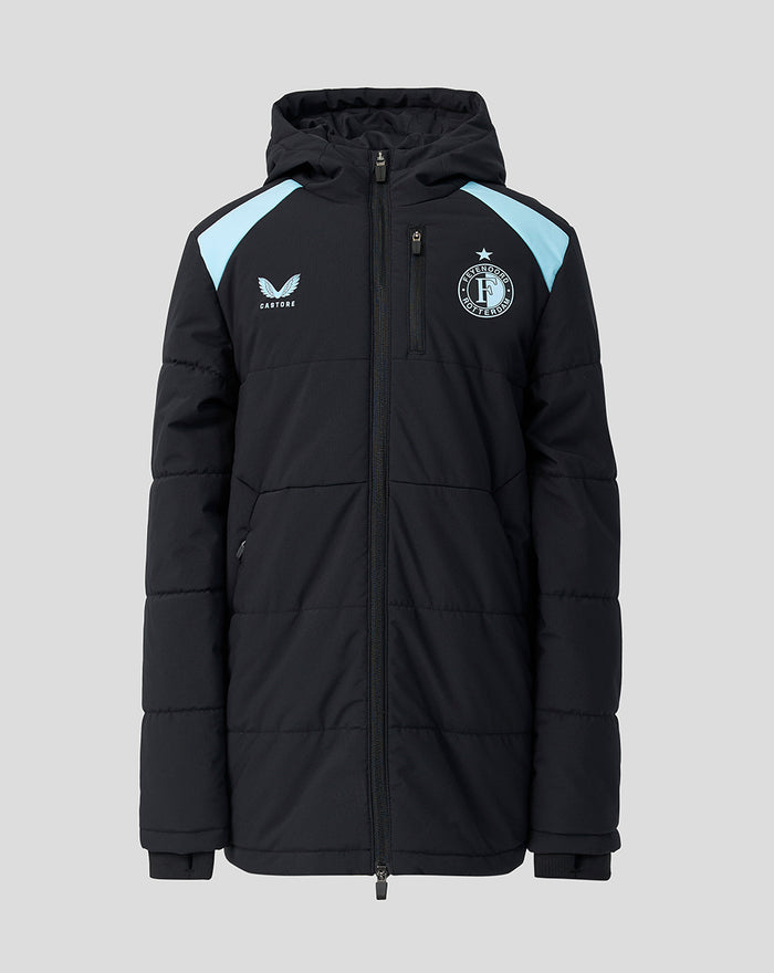 Junior Feyenoord Training padded jacket with hood in dark navy and light blue shoulder panels.