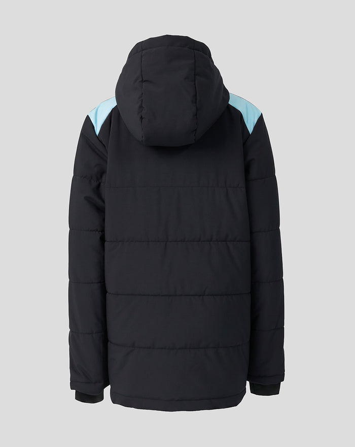 Back view of dark padded Feyenoord training jacket for juniors with light blue shoulder panels and hood