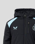 Upper chest close-up of navy Feyenoord junior jacket showing crest and Castore emblem with light blue shoulder stripe