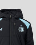 Front close-up of navy Feyenoord junior padded jacket with central zipper and crest on the left chest
