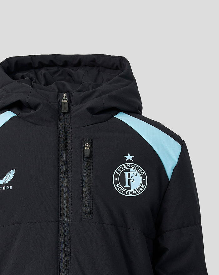 Front close-up of navy Feyenoord junior padded jacket with central zipper and crest on the left chest