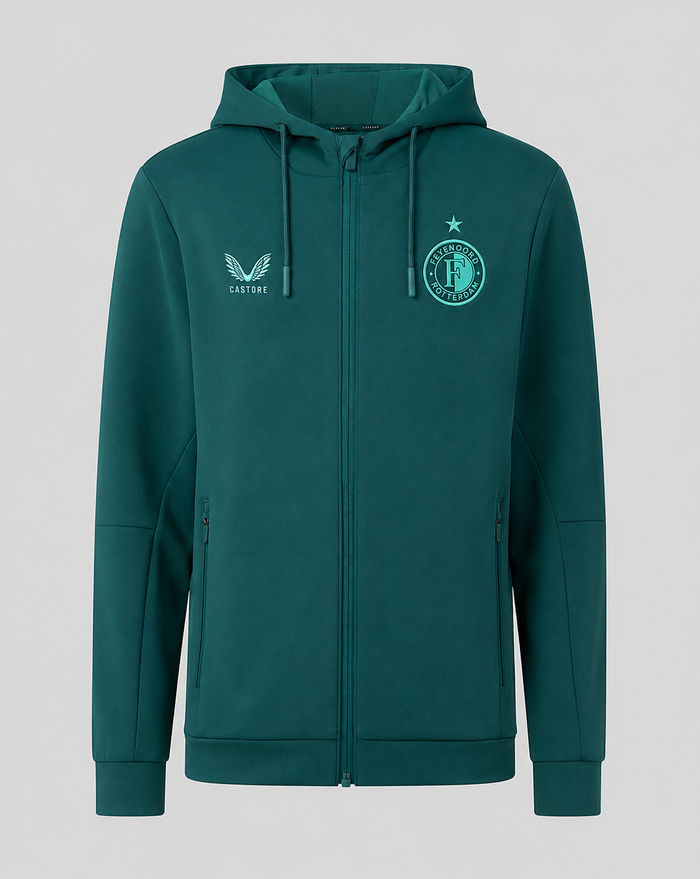 Teal junior Feyenoord Travel hoodie with hood, full front zipper and club crest on the left chest
