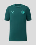 Front view of green Feyenoord Travel 2026-2027 Junior T Shirt with club crest on the chest and Castore logo