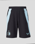 Back view of black junior training shorts with light blue side panels and zip pockets, featuring Feyenoord crest