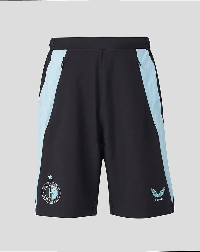 Back view of black junior training shorts with light blue side panels and zip pockets, featuring Feyenoord crest