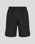 Front view of black junior Feyenoord training shorts with light blue side panels and the Feyenoord crest on the left leg