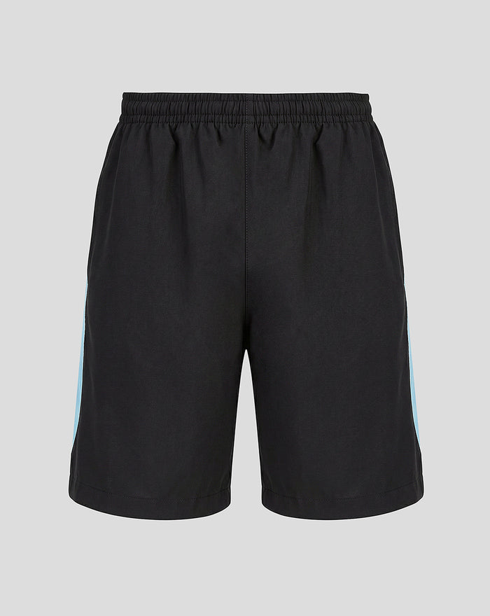 Front view of black junior Feyenoord training shorts with light blue side panels and the Feyenoord crest on the left leg