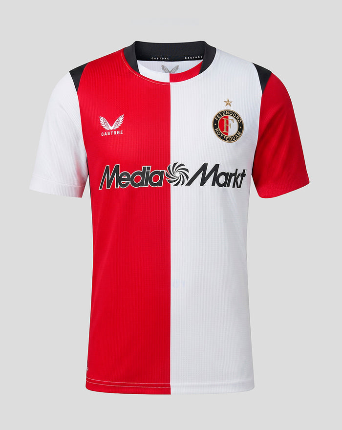Junior Feyenoord home shirt with red white vertical halves and Media Markt logo across the chest