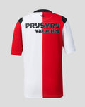 Back view of junior Feyenoord home shirt with red and white vertical halves and sponsor text across the upper back