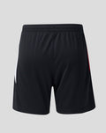 Back view of black Feyenoord junior home shorts with white side panel and red trim.