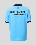 Back view of a light blue Feyenoord junior away shirt showing bold text across the back