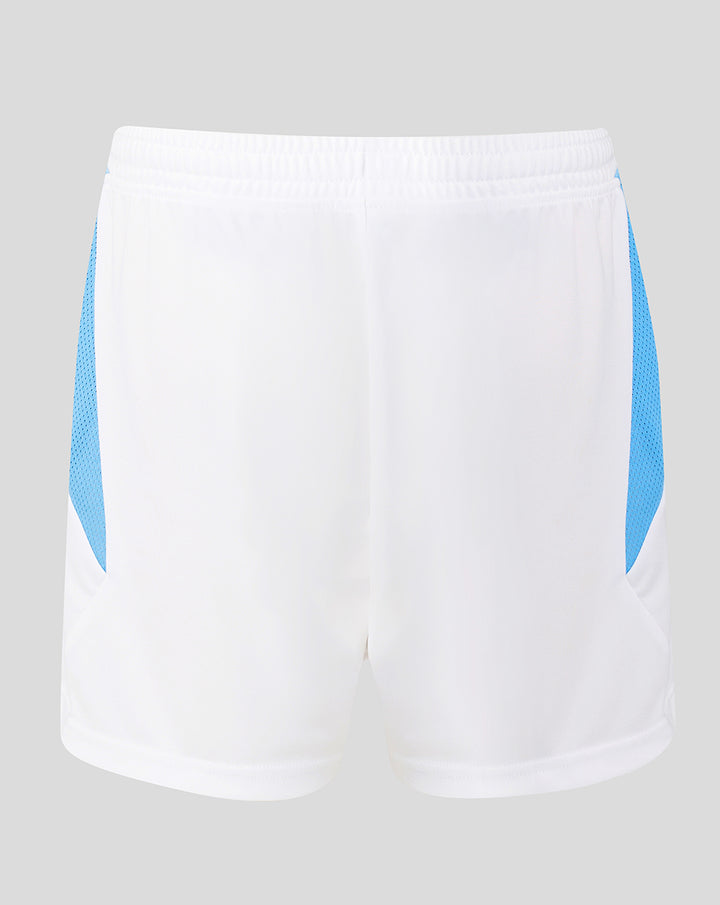 Back view of white Feyenoord junior shorts with blue side panels