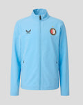 Front view of light blue Feyenoord junior matchday jacket with crest on chest and zip closure.