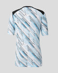 Back view of a junior Feyenoord away shirt with a pale blue white diagonal pattern and black shoulder panels