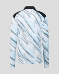 Back view of junior Feyenoord away midlayer top with black shoulder panels and pale blue print.
