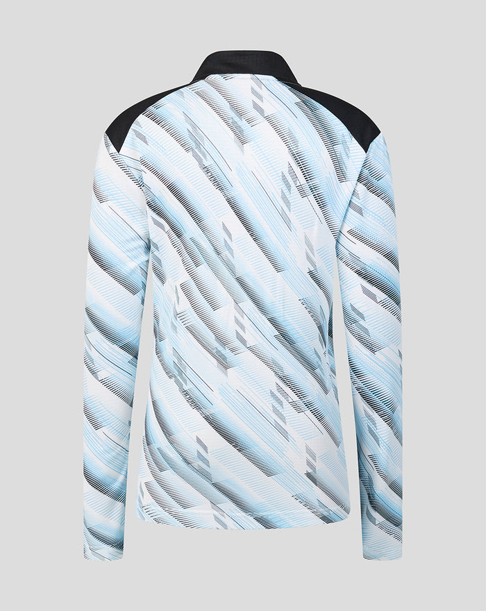 Back view of junior Feyenoord away midlayer top with black shoulder panels and pale blue print.