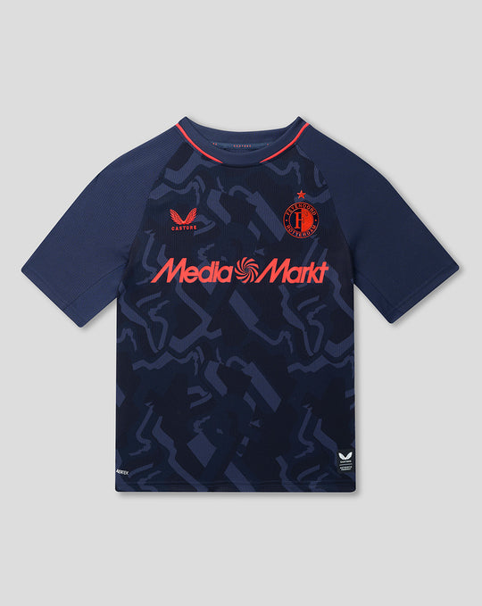 Junior Feyenoord third shirt in navy with orange accents and a large Media Markt sponsor across the chest