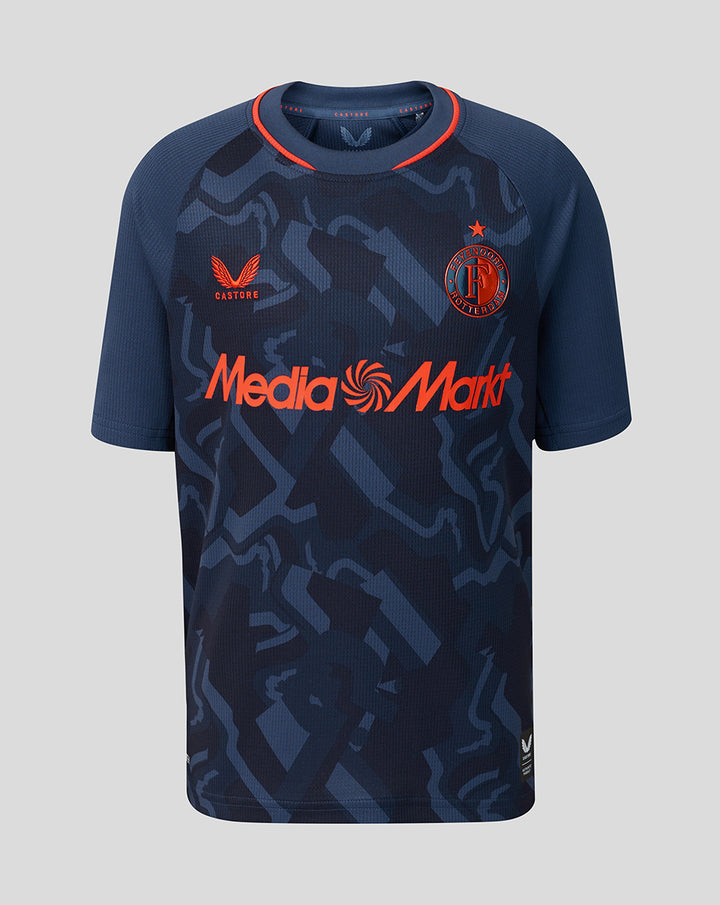 Front view of navy Feyenoord junior third shirt with orange Media Markt sponsor and club crest.