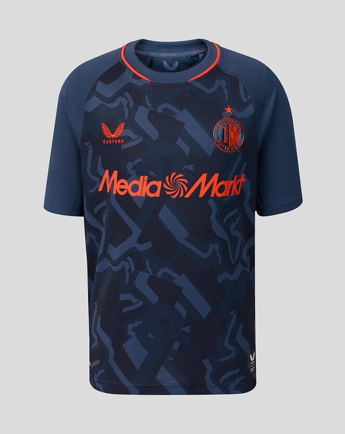 Front view of navy Feyenoord junior third shirt with orange Media Markt sponsor and club crest.
