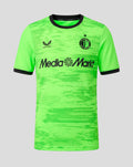 Junior Feyenoord Thuis Keeper shirt 2026-2027 in neon green with black trim, front view showing Castore logo on the right chest, Feyenoord crest on the left chest and MediaMarkt sponsor