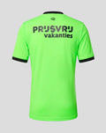 Back view of neon green Feyenoord keeper shirt for juniors with black trim and bold text across the upper back and a small neck emblem