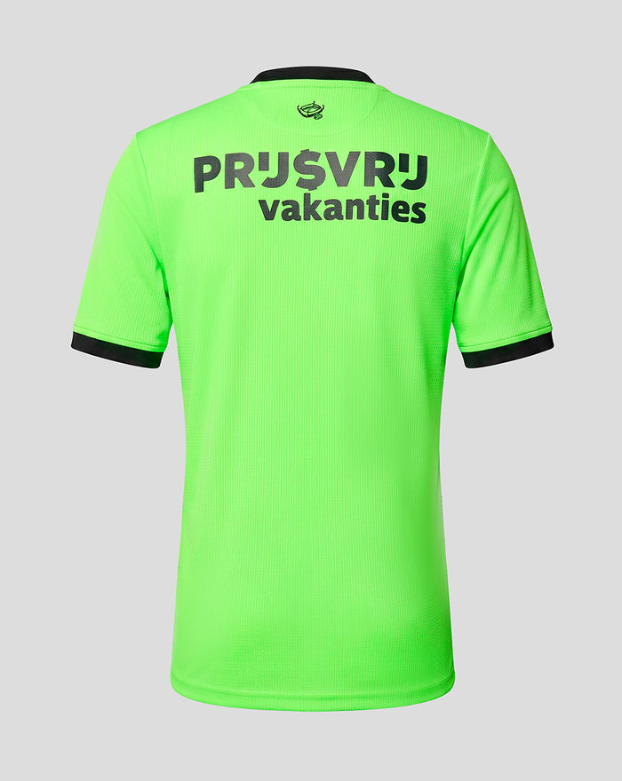 Back view of neon green Feyenoord keeper shirt for juniors with black trim and bold text across the upper back and a small neck emblem