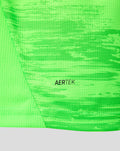 Close up of neon green keeper shirt featuring AERTEK fabric label.