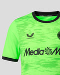 Close up of neon green Feyenoord junior home keeper shirt with black collar and Castore branding.