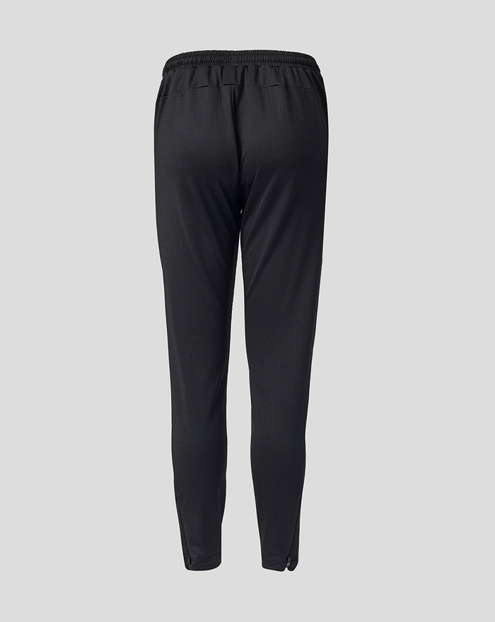 Back view of black slim fit training pants with elastic waistband