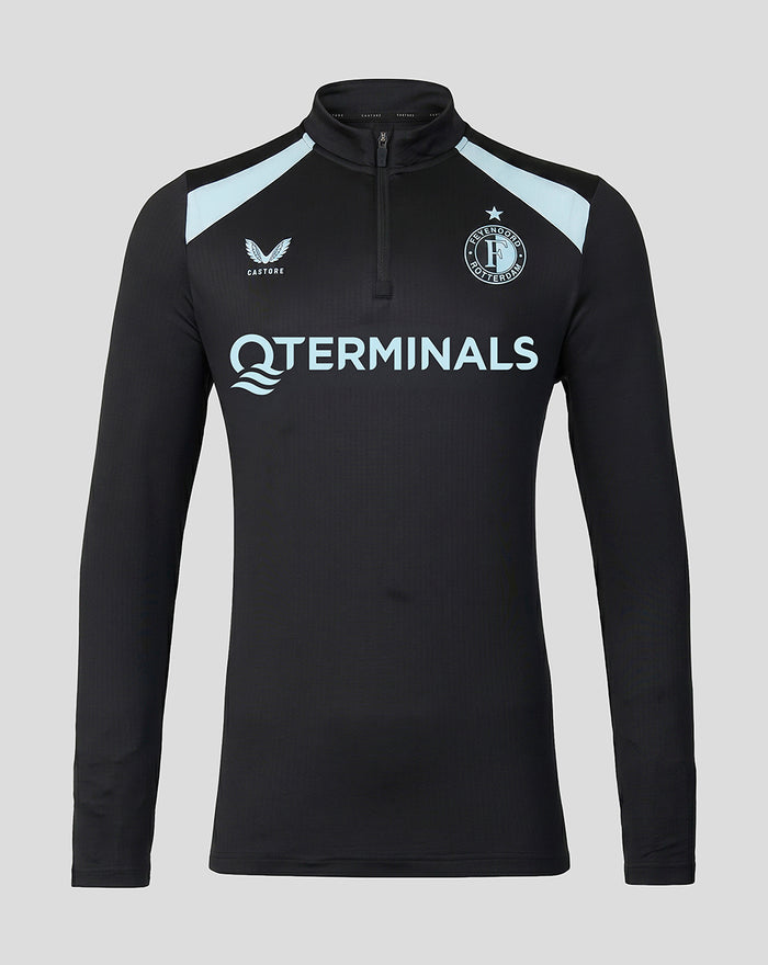 Front view of the men's Feyenoord coaches midlayer in black with light blue shoulder panels and a quarter zip, featuring sponsor and team logos.