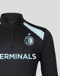 Close-up of the front upper chest showing the Feyenoord crest on the left, light blue shoulder panel and quarter zip neckline
