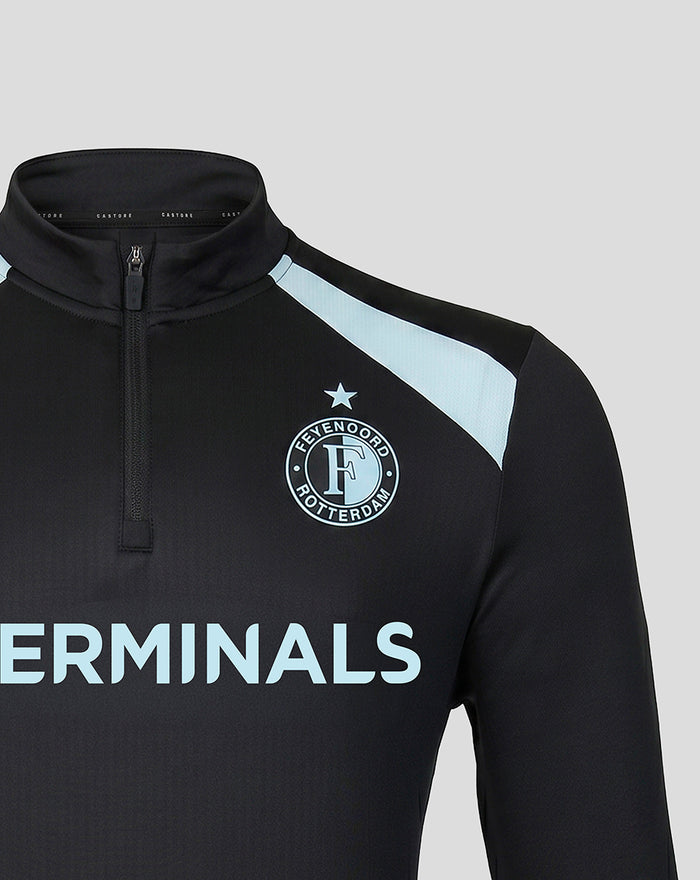 Close-up of the front upper chest showing the Feyenoord crest on the left, light blue shoulder panel and quarter zip neckline