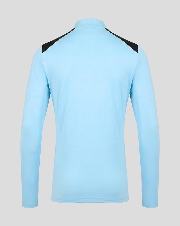 Back view of light blue Feyenoord training midlayer with black shoulder panels and a high collar