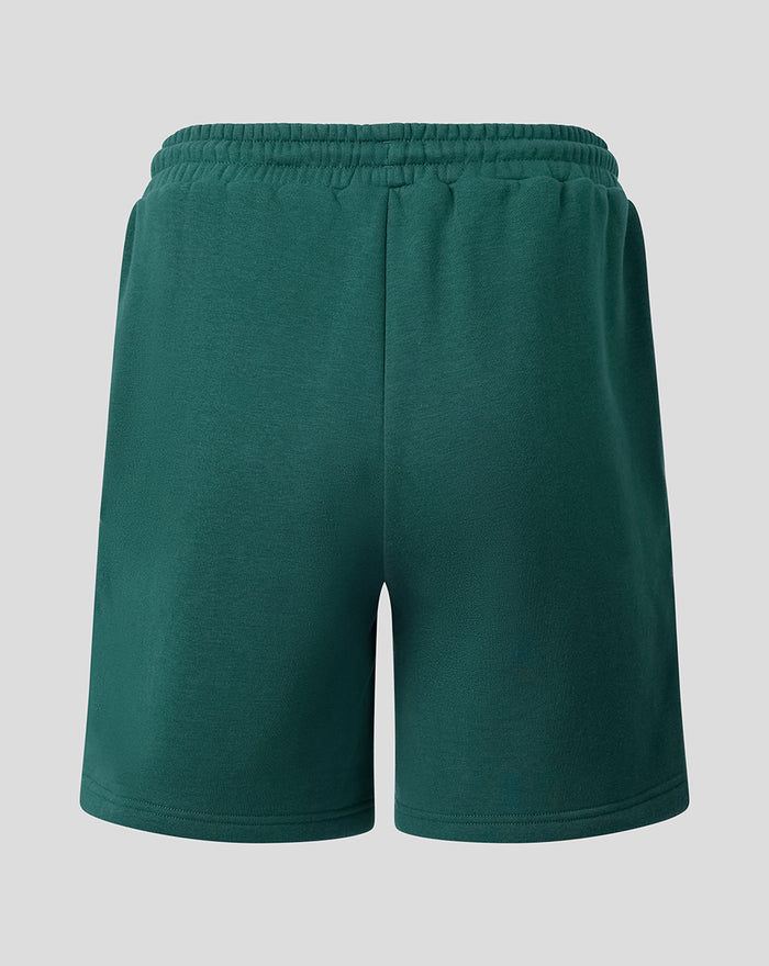Achterkant van groene Feyenoord Travel fleece short voor heren met elastische tailleband