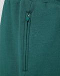 Close view of zipper pocket on green Feyenoord Travel short with teal zipper pull.