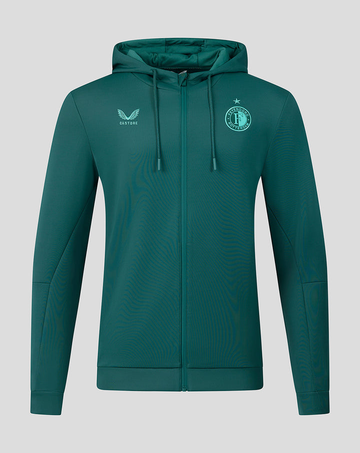 Front view of a green Feyenoord Travel hoodie for men with hood, full zip and club crest.