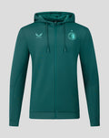 Front view of a green Feyenoord Travel hoodie for men with hood, full zip and club crest.