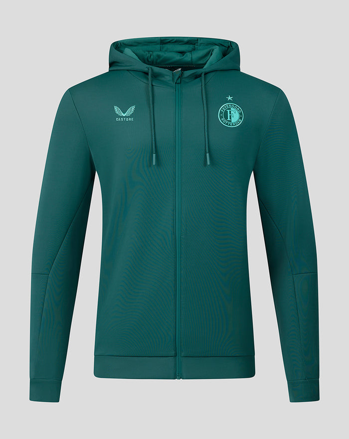 Front view of a green Feyenoord Travel hoodie for men with hood, full zip and club crest.