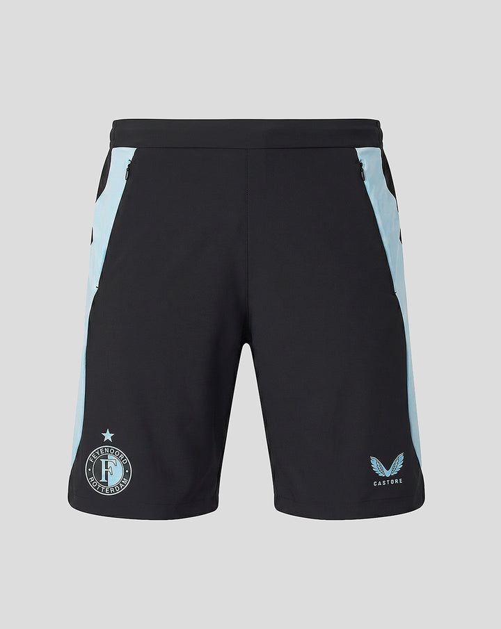 Back view of Feyenoord training shorts with black fabric and light blue side panels; zip pockets and logos