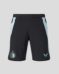 Back view of Feyenoord training shorts with black fabric and light blue side panels; zip pockets and logos