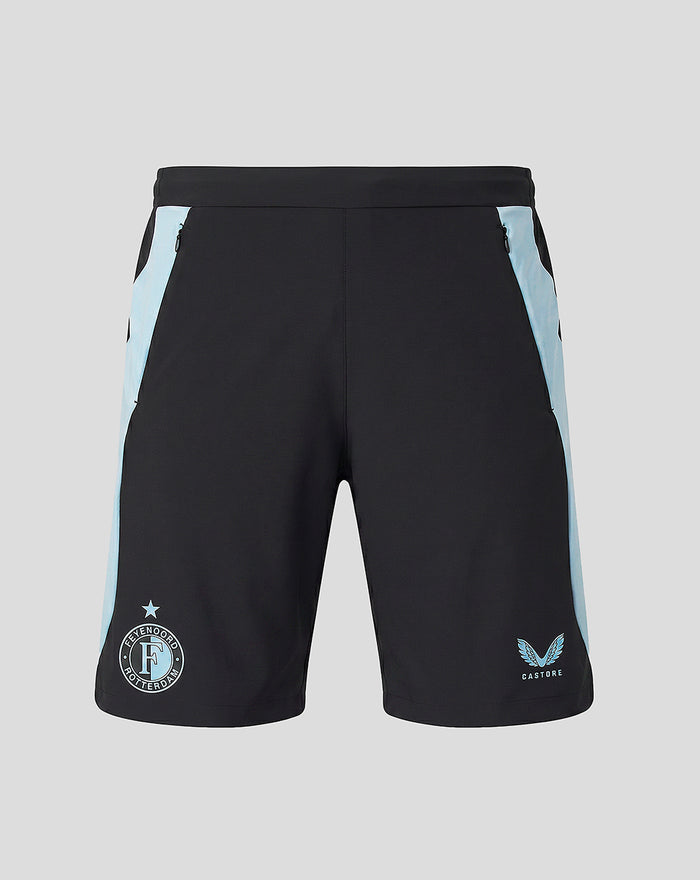 Back view of Feyenoord training shorts with black fabric and light blue side panels; zip pockets and logos