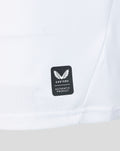 White jersey fabric close up with Castore authentic product badge.
