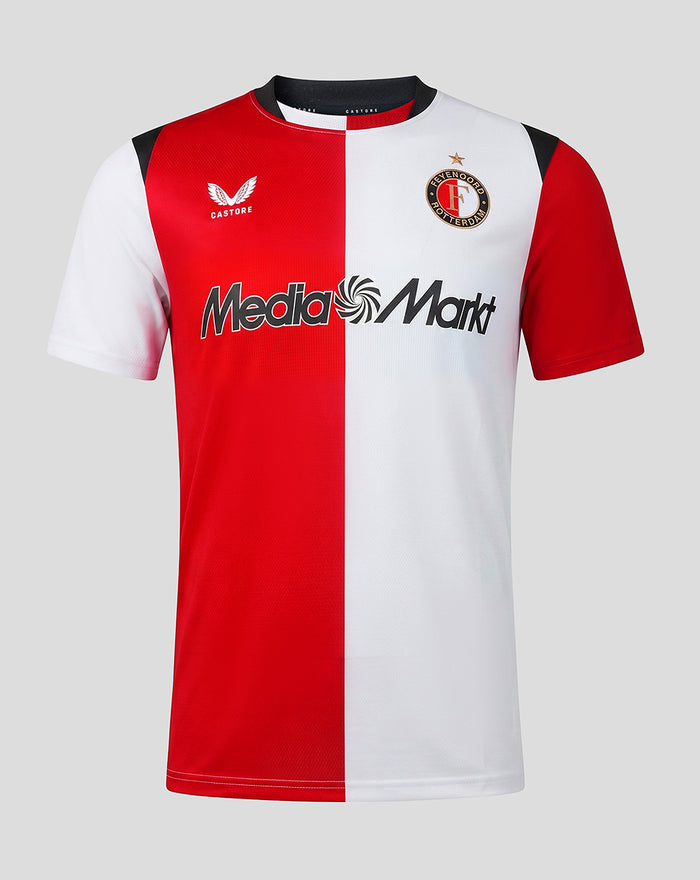 Men's Feyenoord Pro home shirt 2026-2027 with red white split design, Feyenoord crest left chest and Castore logo right.